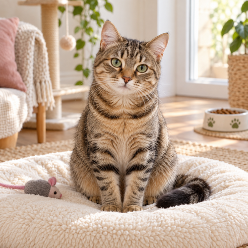 Cat: Tabby cat sitting comfortably in a bright modern home