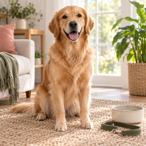 Dog: Golden retriever sitting beside a leash and water bowl