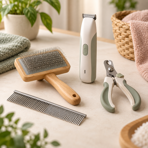 Grooming: Pet grooming brush, comb, paw trimmer and nail clippers