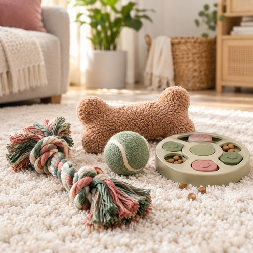 Toy: Rope, ball, plush bone and interactive pet toy on a soft rug