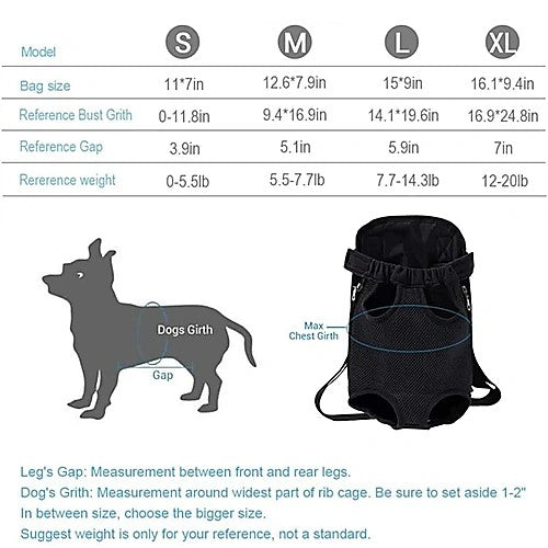 Breathable pet travel backpack — size guide chart