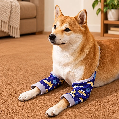 Dog knee protector pad — a shiba Inu dog wearing blue dog sleeves