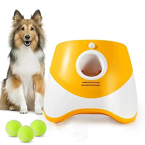 Automatic tennis ball launcher for dogs — orange variant with tennis balls