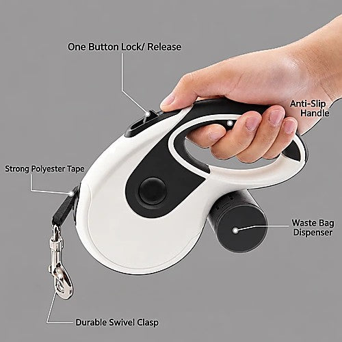 Automatic retractable pet leash — main product view white hand grip