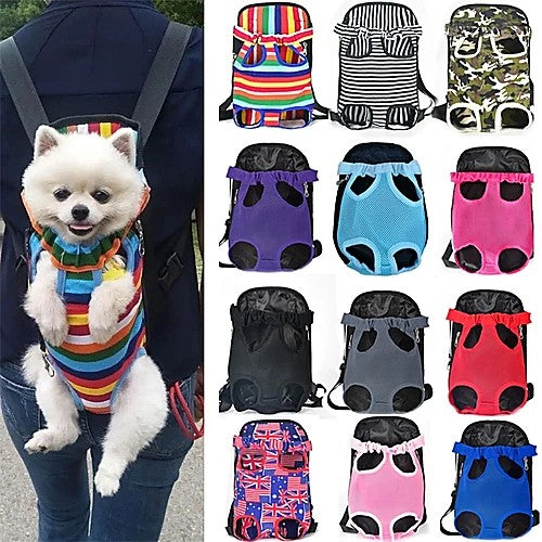 Breathable pet travel backpack — small dog wearing backpack lifestyle