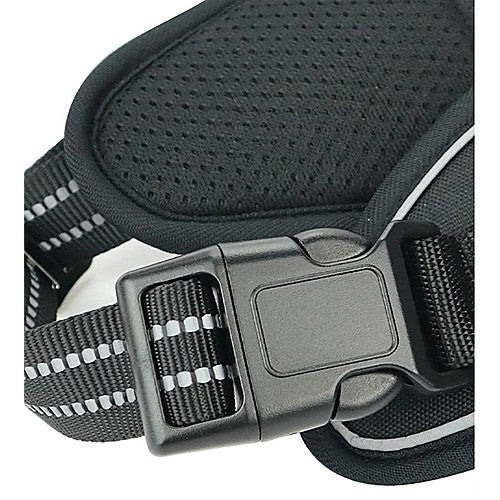 Durable waterproof pet harness with vertical handle — buckle close-up detail