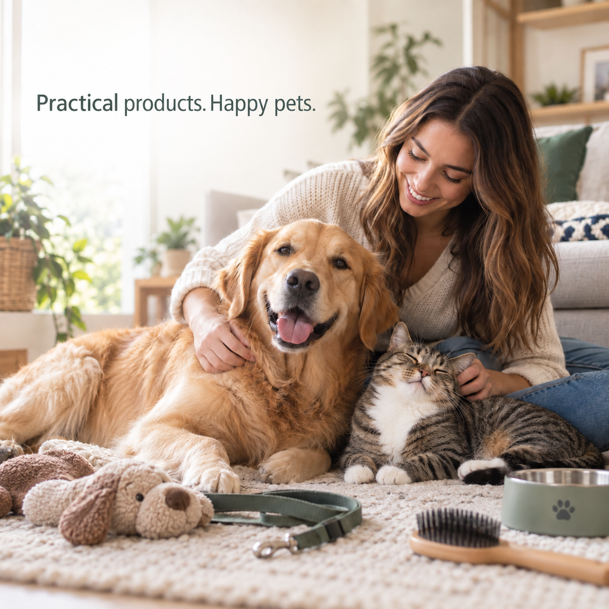 Happy dog and cat relaxing at home with their owner and pet accessories - Practical products. Happy pets.