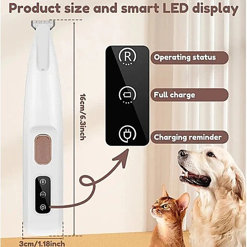 Pet paw trimmer with LED light — product size and smart LED display