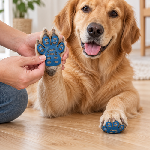 Anti-slip paw grip stickers applied to a dog's paws on a wooden floor