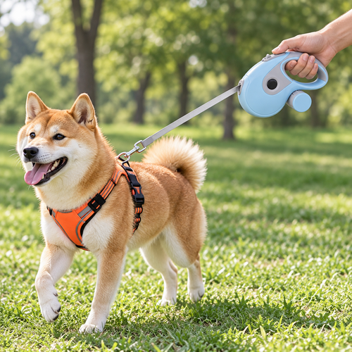 Shiba Inu walking in a park on a retractable leash held by its owner