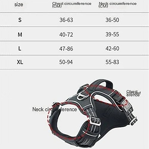 Durable waterproof pet harness with vertical handle — size guide chart